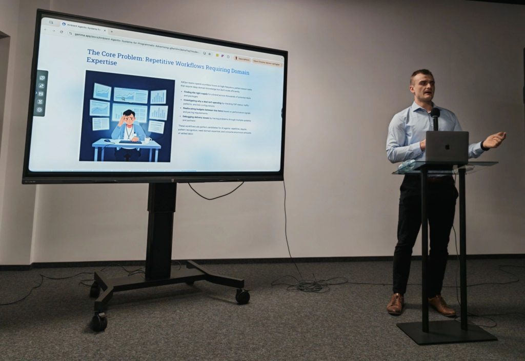 Damian Naglak speaking at GenAI Cracow event dedicated to AdTech and sharing what he's been building at Appliscale and Bedrock Platform.
The topic: Ambient Agentic Systems for Programmatic Advertising covering AI agents that tackle operational problems like supply discovery, pacing, budget allocation, and campaign health.